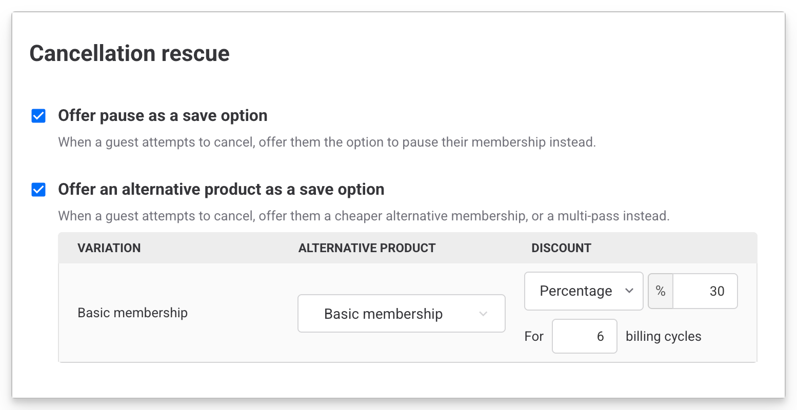 Options for saving membership during cancellation, including pause and alternative products.